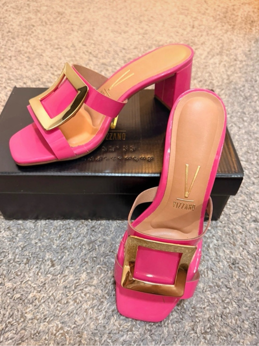 Vizzano Hot Pink Block Heel Mules with Gold Buckle